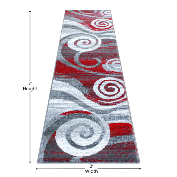 Red,2' x 7' |#| Modern Swirl Design Olefin Area Rug - Red, White, & Gray - 2' x 7'