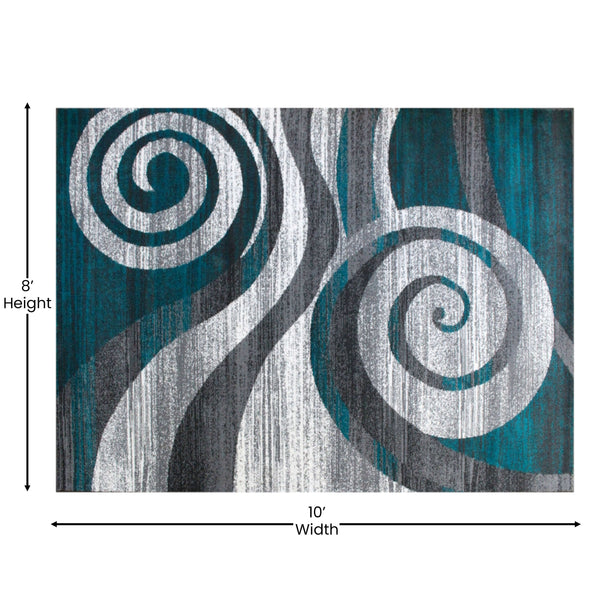 Turquoise,8' x 10' |#| Modern Swirl Design Olefin Area Rug - Turquoise, White, & Gray - 8' x 10'