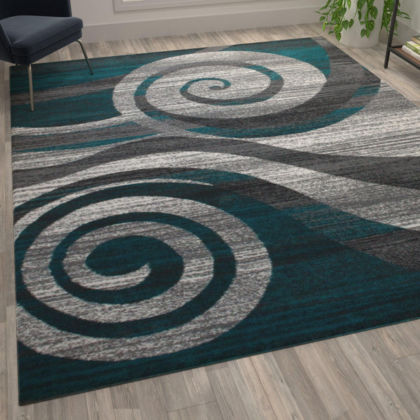 Turquoise,8' x 10' |#| Modern Swirl Design Olefin Area Rug - Turquoise, White, & Gray - 8' x 10'