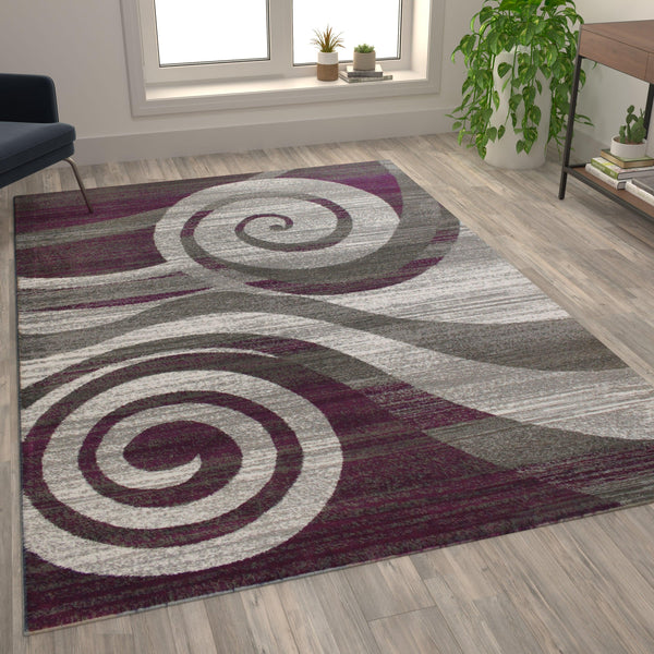 Purple,8' x 10' |#| Modern Swirl Design Olefin Area Rug - Purple, White, & Gray - 8' x 10'