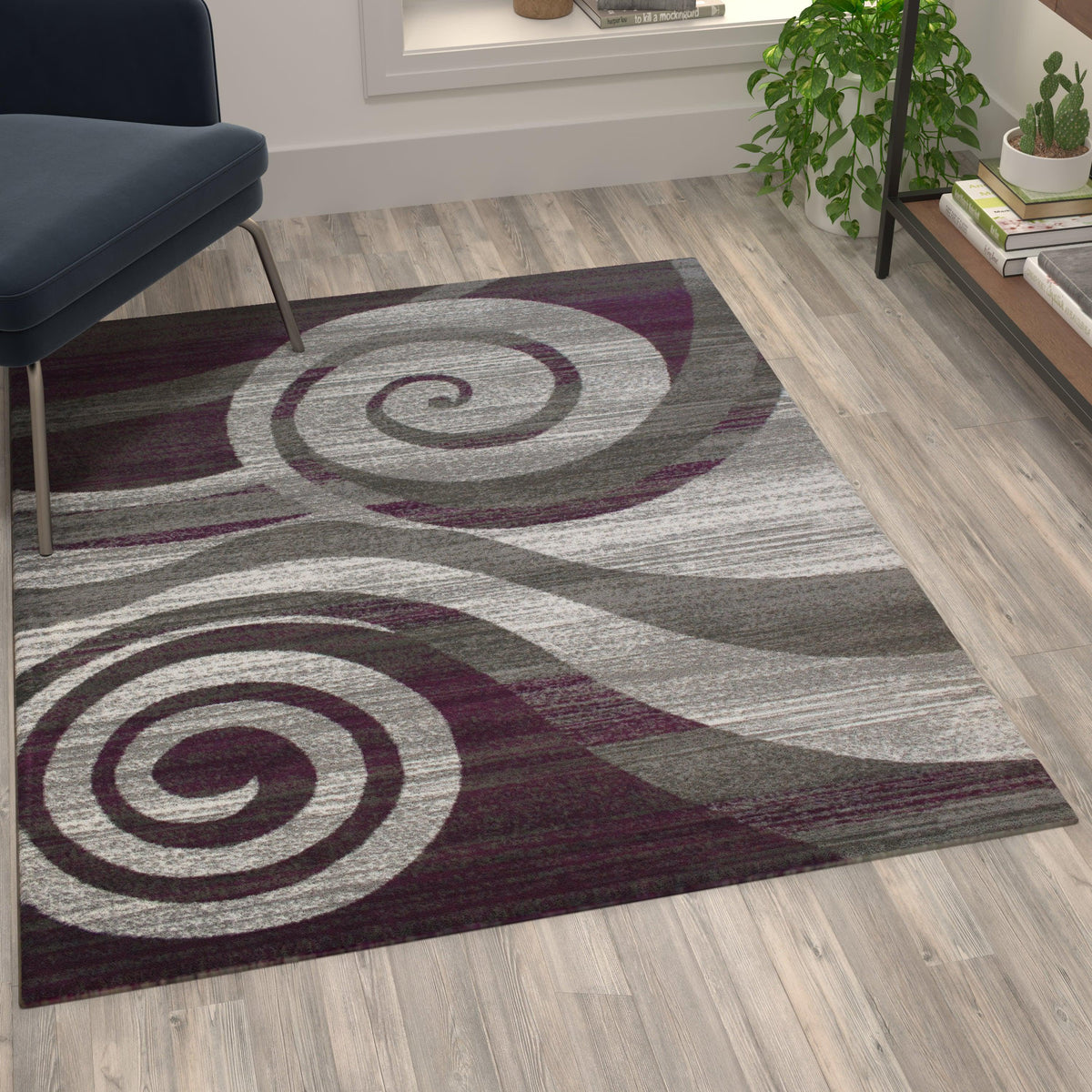 Purple,4' x 5' |#| Modern Swirl Design Olefin Area Rug - Purple, White, & Gray - 4' x 5'