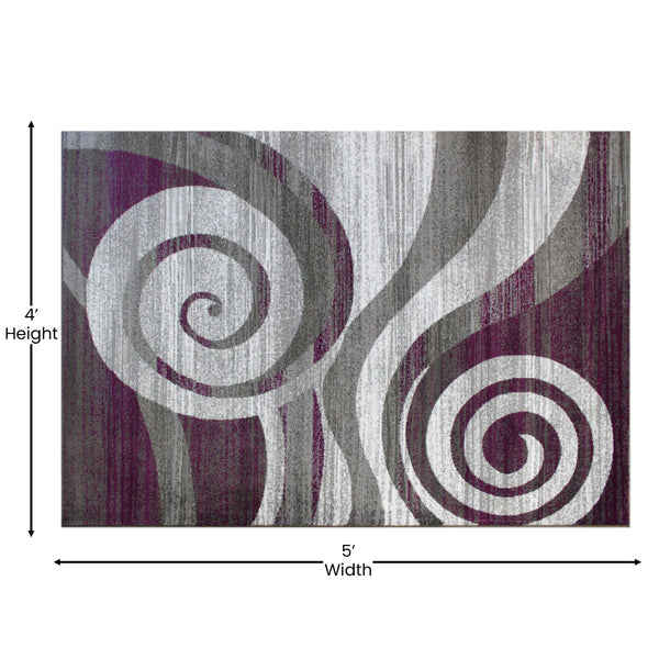 Purple,4' x 5' |#| Modern Swirl Design Olefin Area Rug - Purple, White, & Gray - 4' x 5'