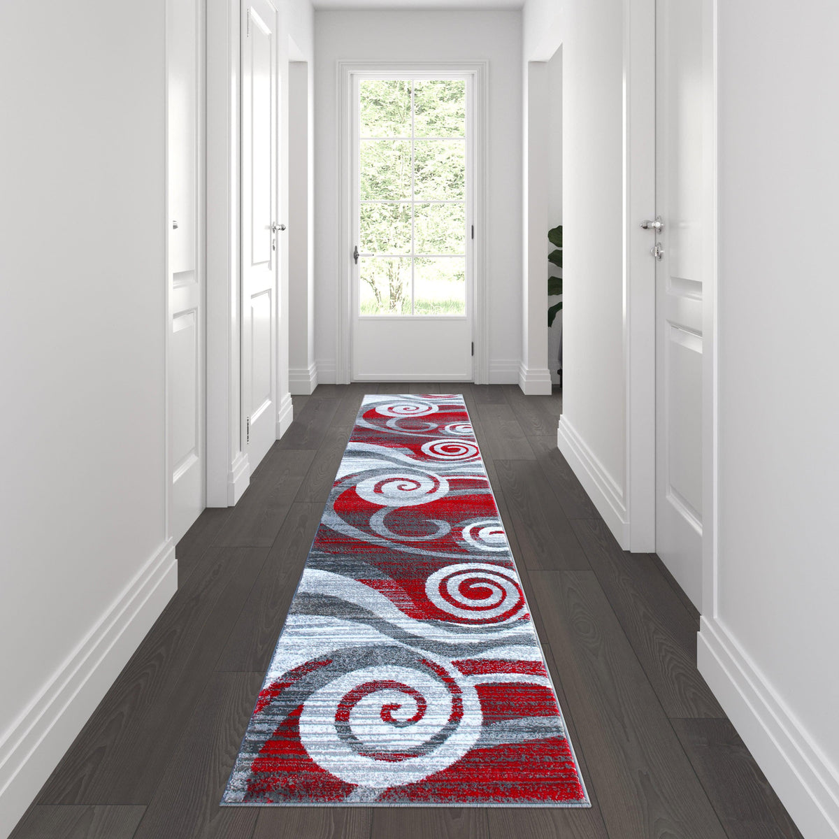 Red,2' x 11' |#| Modern Swirl Design Olefin Area Rug - Red, White, & Gray - 2' x 11'