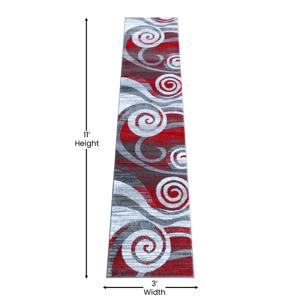 Red,2' x 11' |#| Modern Swirl Design Olefin Area Rug - Red, White, & Gray - 2' x 11'