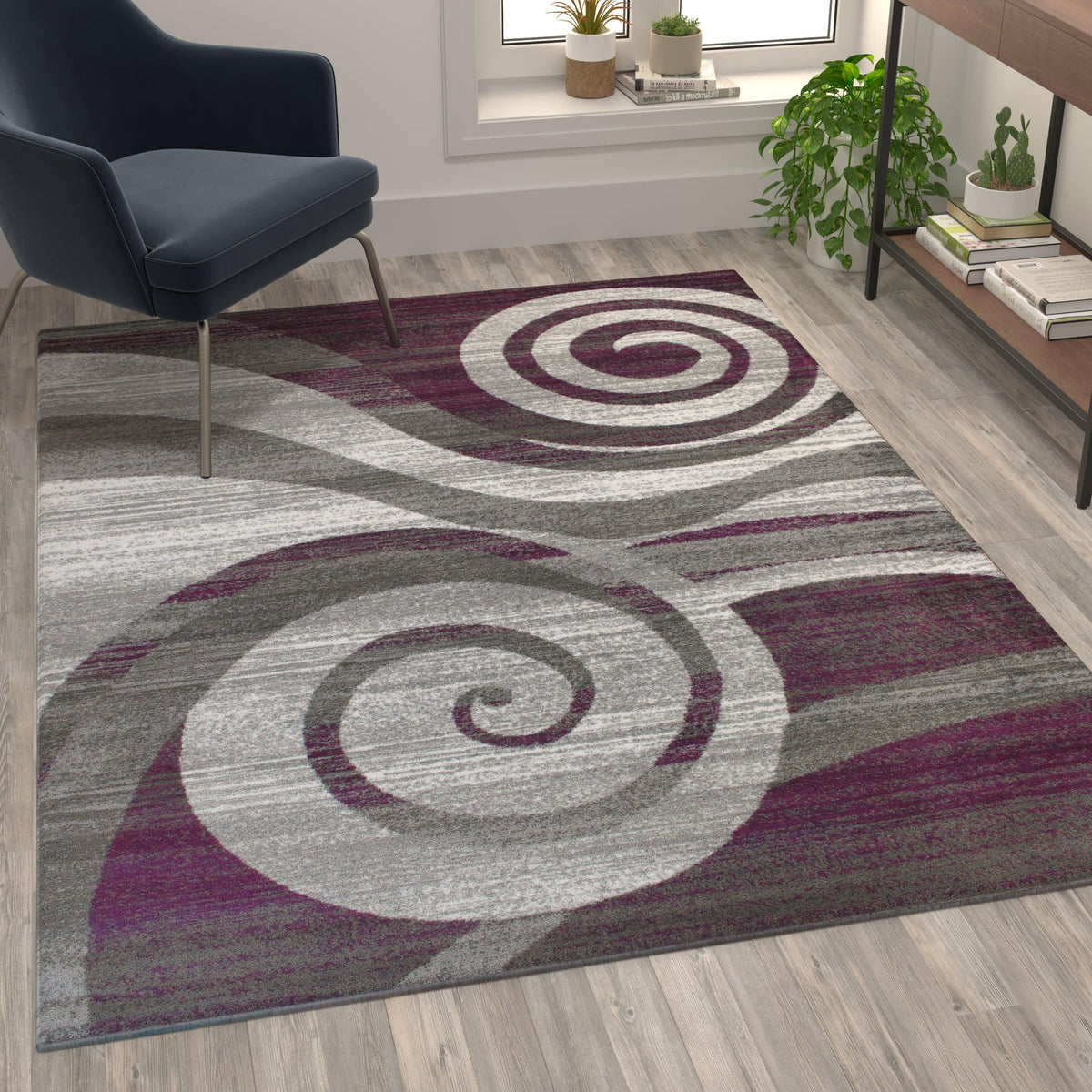 Purple,5' x 7' |#| Modern Swirl Design Olefin Area Rug - Purple, White, & Gray - 5' x 7'