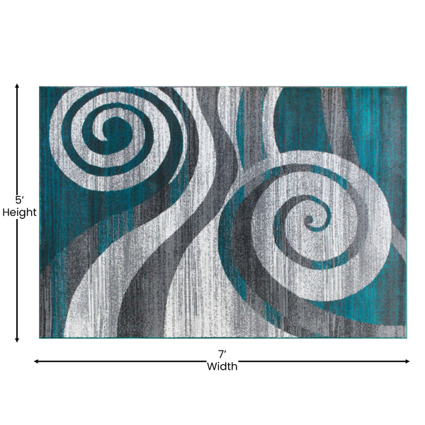 Turquoise,5' x 7' |#| Modern Swirl Design Olefin Area Rug - Turquoise, White, & Gray - 5' x 7'