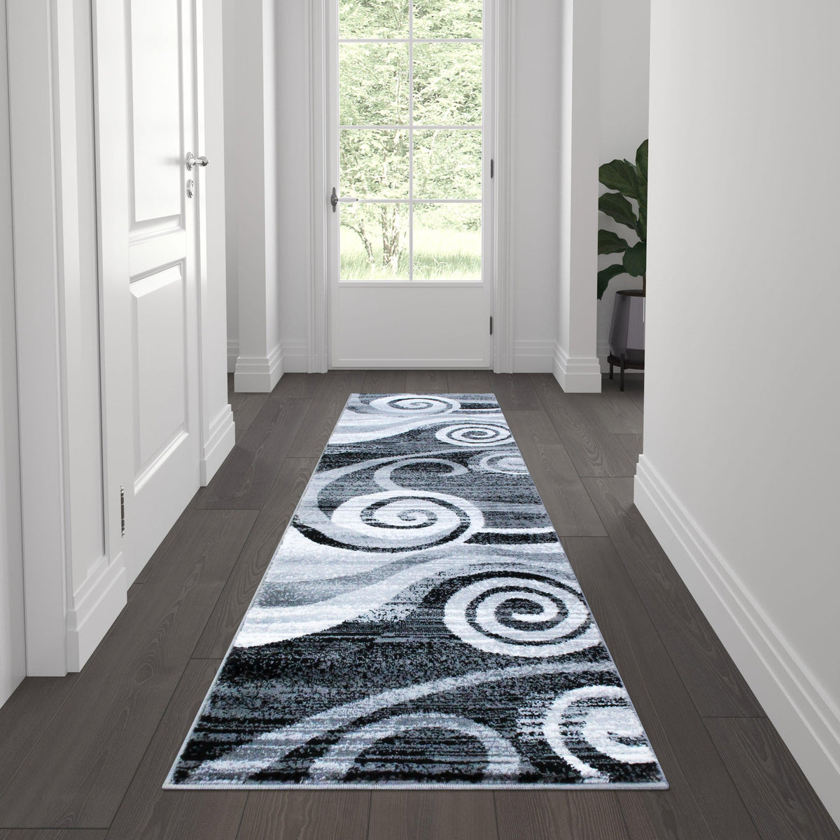 Grey,2' x 7' |#| Modern Swirl Design Olefin Area Rug - Gray, White, & Black - 2' x 7'