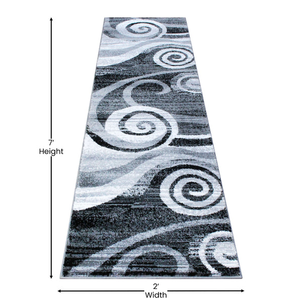 Grey,2' x 7' |#| Modern Swirl Design Olefin Area Rug - Gray, White, & Black - 2' x 7'