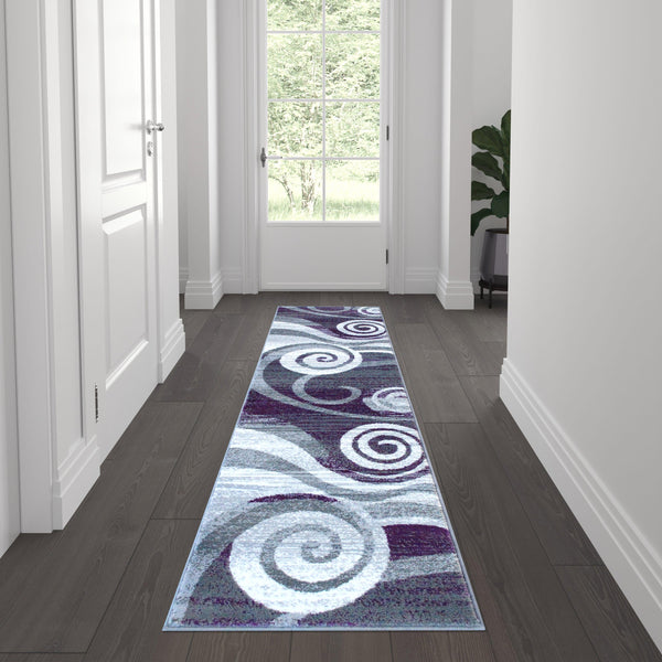 Purple,2' x 7' |#| Modern Swirl Design Olefin Area Rug - Purple, White, & Gray - 2' x 7'