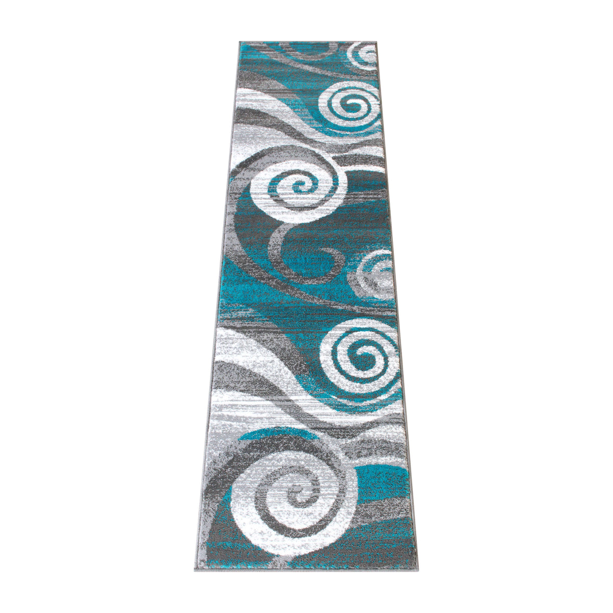 Turquoise,2' x 7' |#| Modern Swirl Design Olefin Area Rug - Turquoise, White, & Gray - 2' x 7'