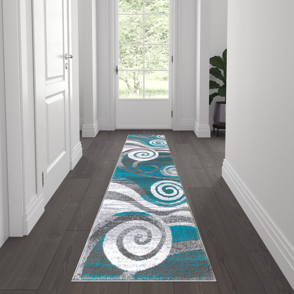 Turquoise,2' x 7' |#| Modern Swirl Design Olefin Area Rug - Turquoise, White, & Gray - 2' x 7'