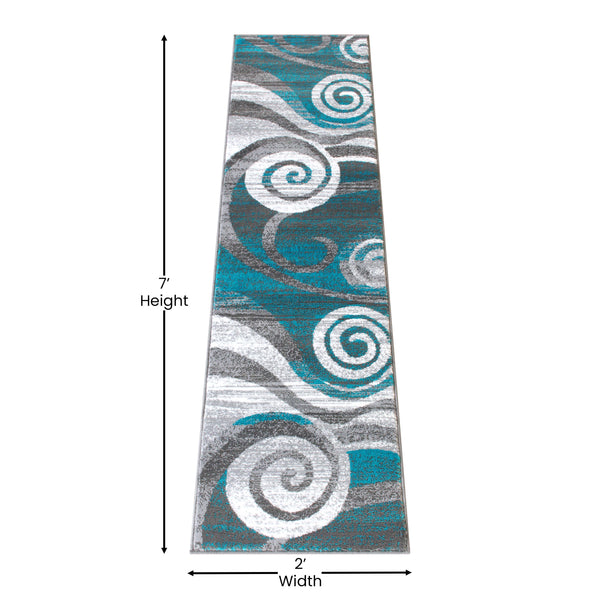 Turquoise,2' x 7' |#| Modern Swirl Design Olefin Area Rug - Turquoise, White, & Gray - 2' x 7'