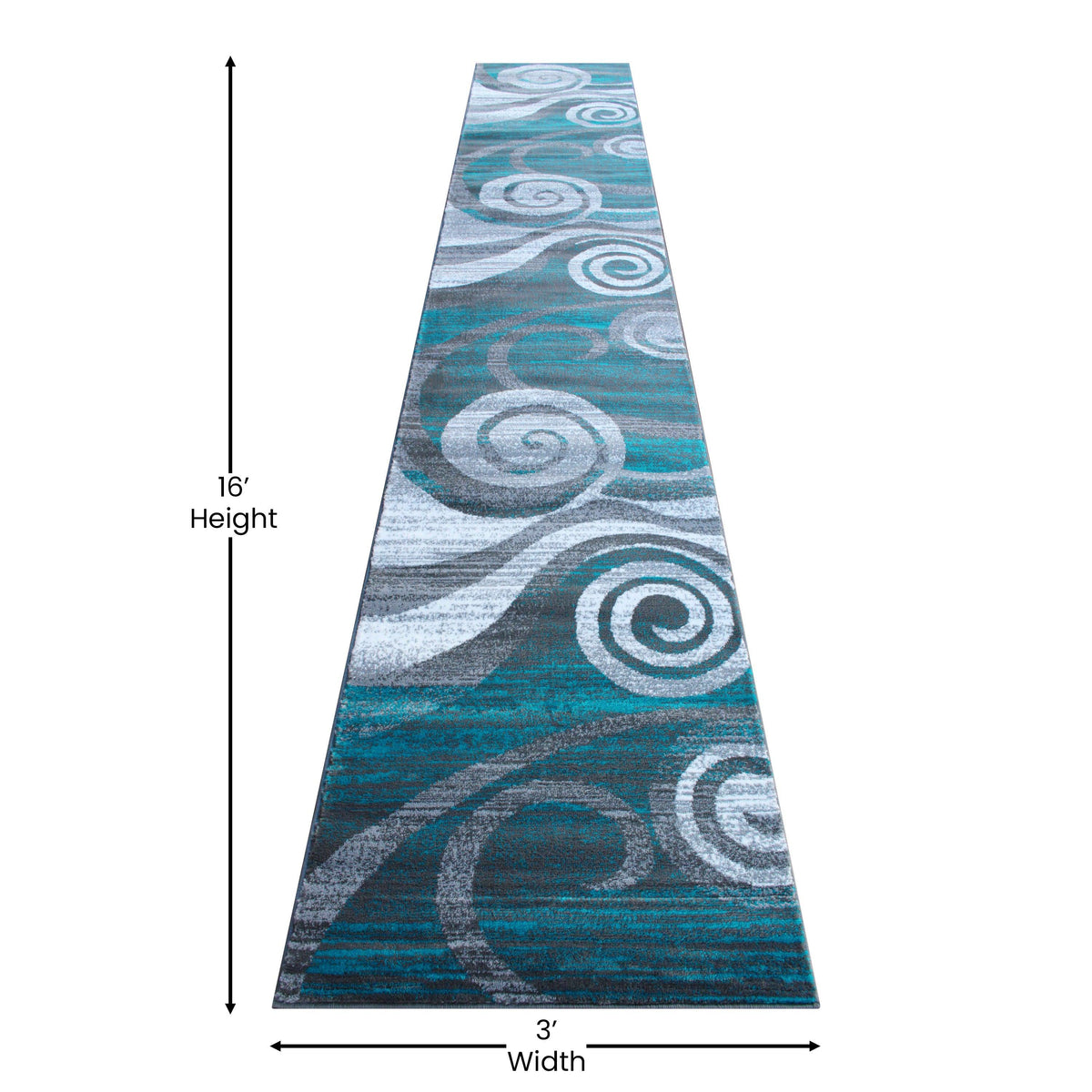 Turquoise,3' x 16' |#| Modern Swirl Design Olefin Area Rug - Turquoise, White, & Gray - 3' x 16'