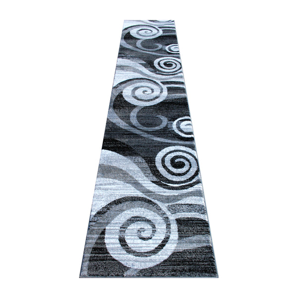 Grey,2' x 11' |#| Modern Swirl Design Olefin Area Rug - Gray, White, & Black - 2' x 11'