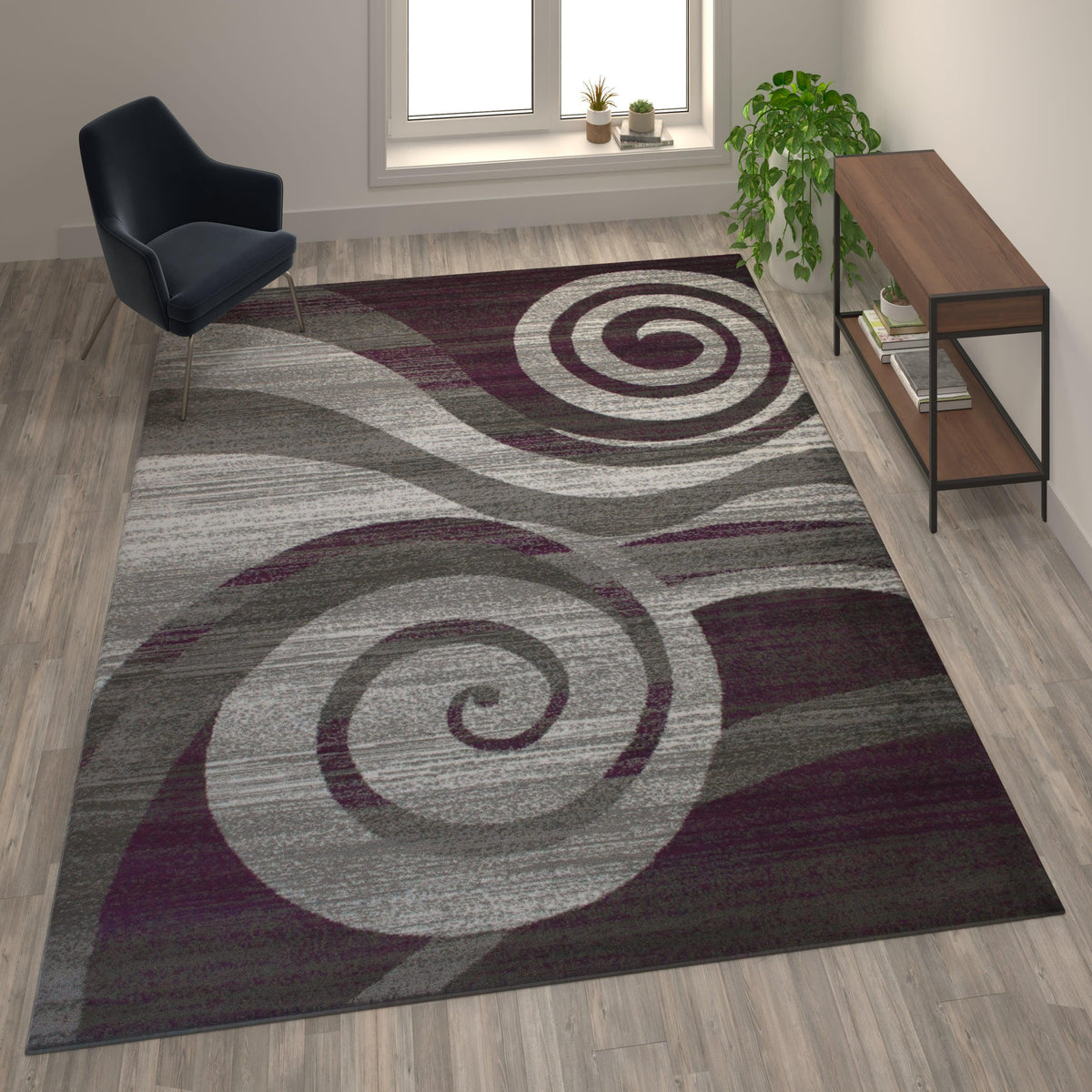 Purple,6' x 9' |#| Modern Swirl Design Olefin Area Rug - Purple, White, & Gray - 6' x 9'