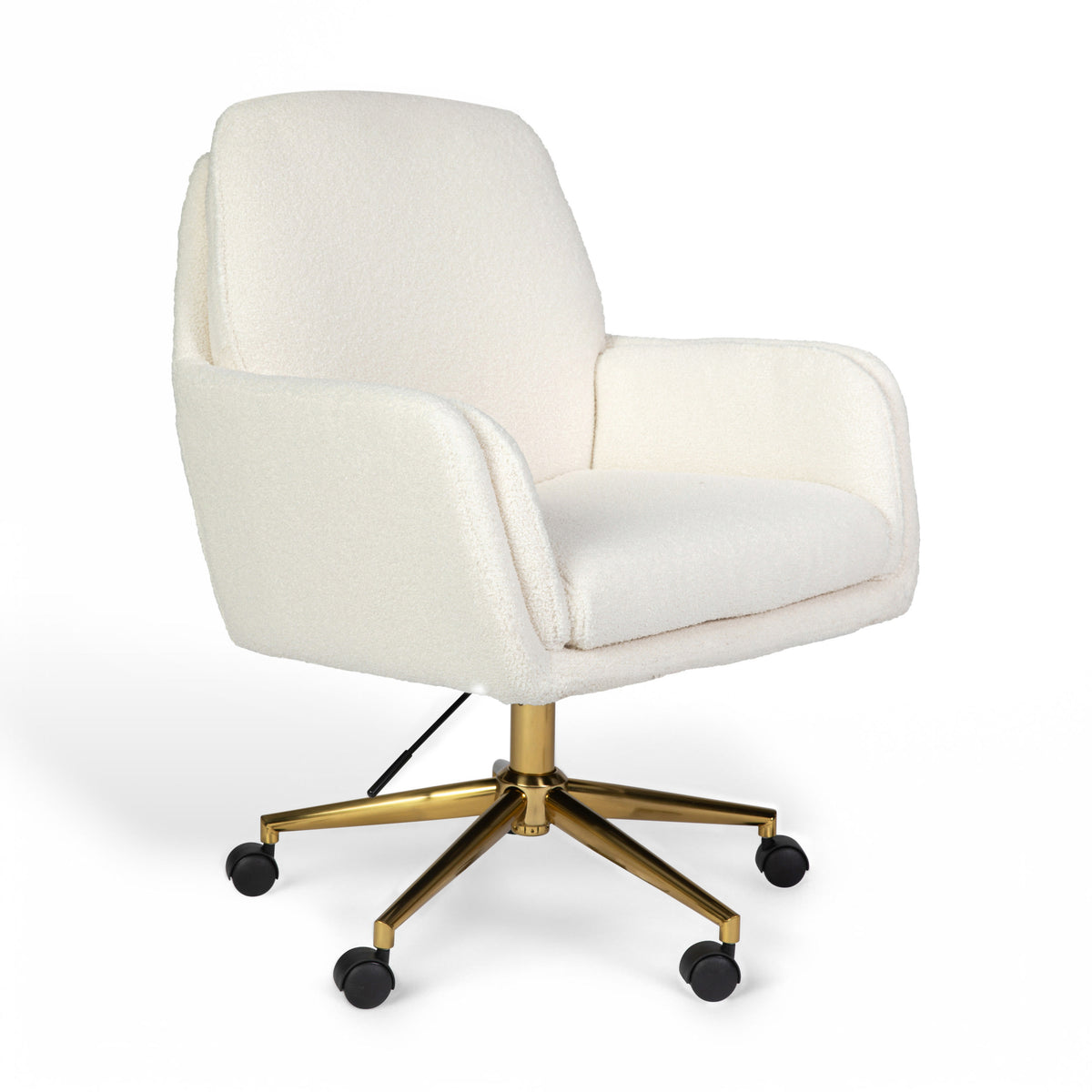 Off White Boucle/Polished Brass Frame |#| Boucle Swivel Home Office Chair with Double Cushions - Off White/Polished Brass
