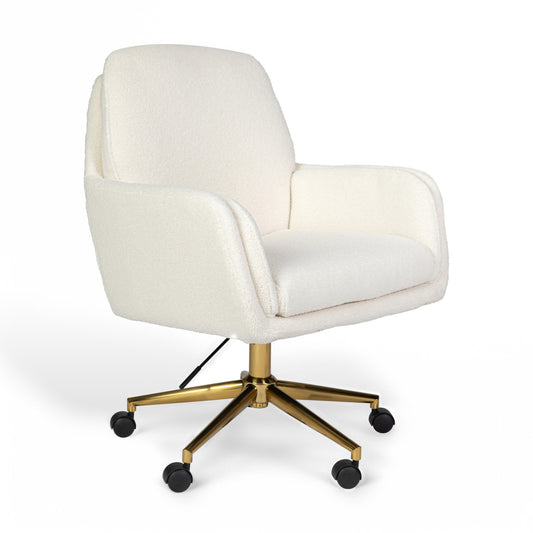 Off White Boucle/Polished Brass Frame |#| Boucle Swivel Home Office Chair with Double Cushions - Off White/Polished Brass