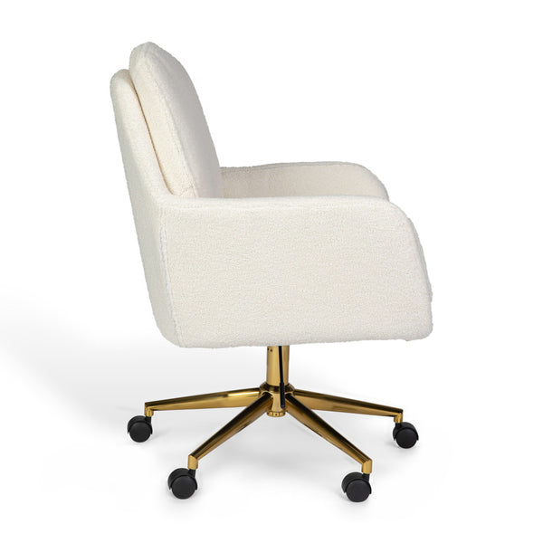 Off White Boucle/Polished Brass Frame |#| Boucle Swivel Home Office Chair with Double Cushions - Off White/Polished Brass