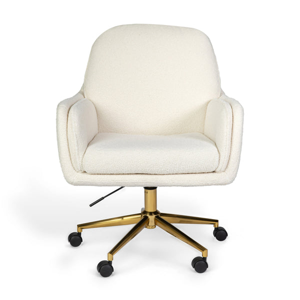 Off White Boucle/Polished Brass Frame |#| Boucle Swivel Home Office Chair with Double Cushions - Off White/Polished Brass