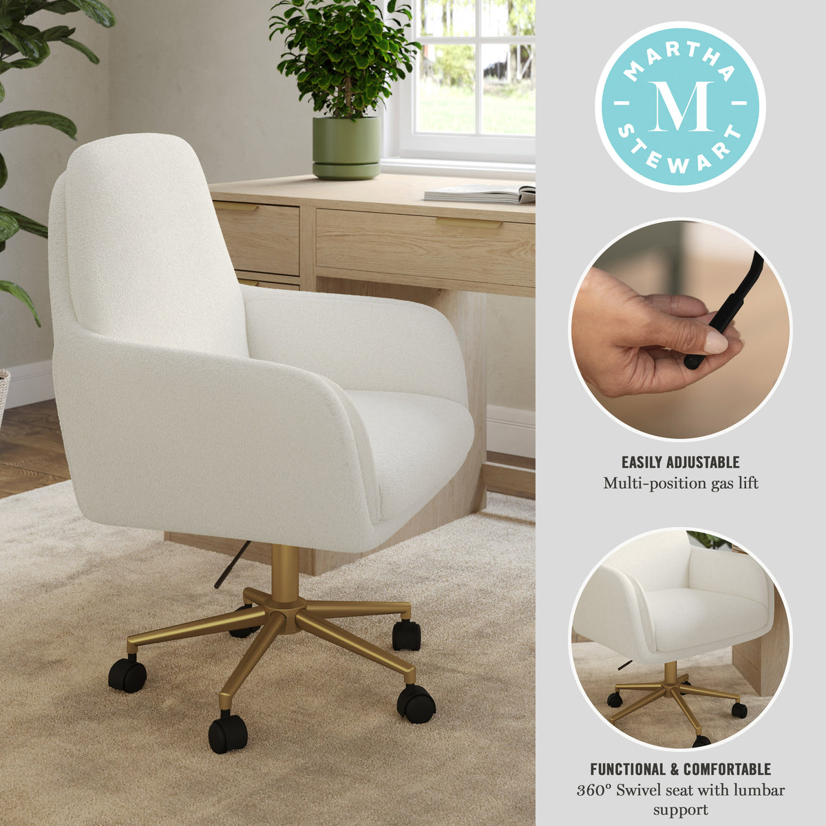 Off White Boucle/Polished Brass Frame |#| Boucle Swivel Home Office Chair with Double Cushions - Off White/Polished Brass