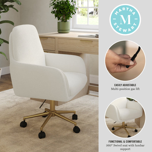 Off White Boucle/Polished Brass Frame |#| Boucle Swivel Home Office Chair with Double Cushions - Off White/Polished Brass