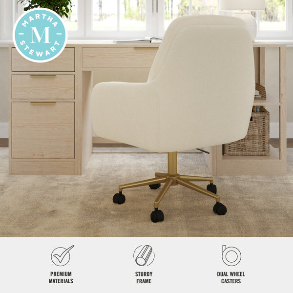Off White Boucle/Polished Brass Frame |#| Boucle Swivel Home Office Chair with Double Cushions - Off White/Polished Brass