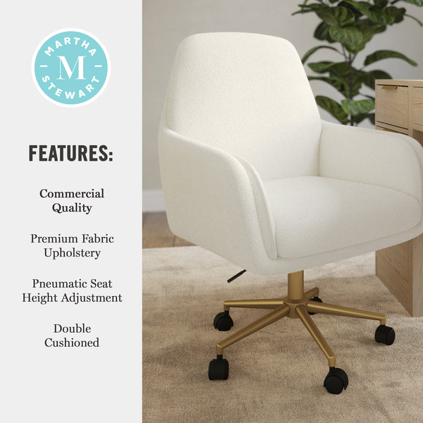 Off White Boucle/Polished Brass Frame |#| Boucle Swivel Home Office Chair with Double Cushions - Off White/Polished Brass