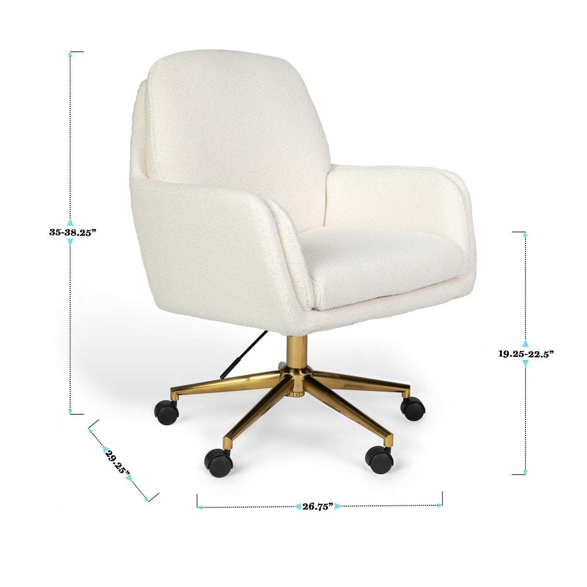 Off White Boucle/Polished Brass Frame |#| Boucle Swivel Home Office Chair with Double Cushions - Off White/Polished Brass