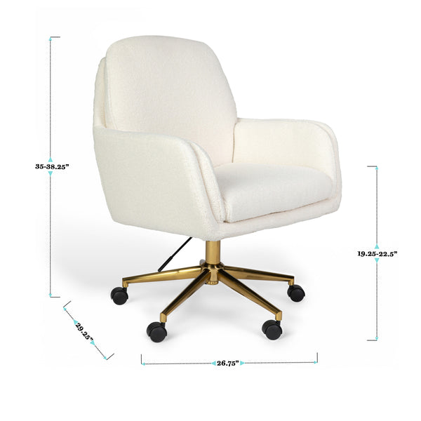 Off White Boucle/Polished Brass Frame |#| Boucle Swivel Home Office Chair with Double Cushions - Off White/Polished Brass