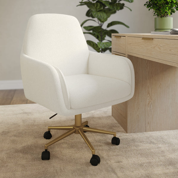 Off White Boucle/Polished Brass Frame |#| Boucle Swivel Home Office Chair with Double Cushions - Off White/Polished Brass
