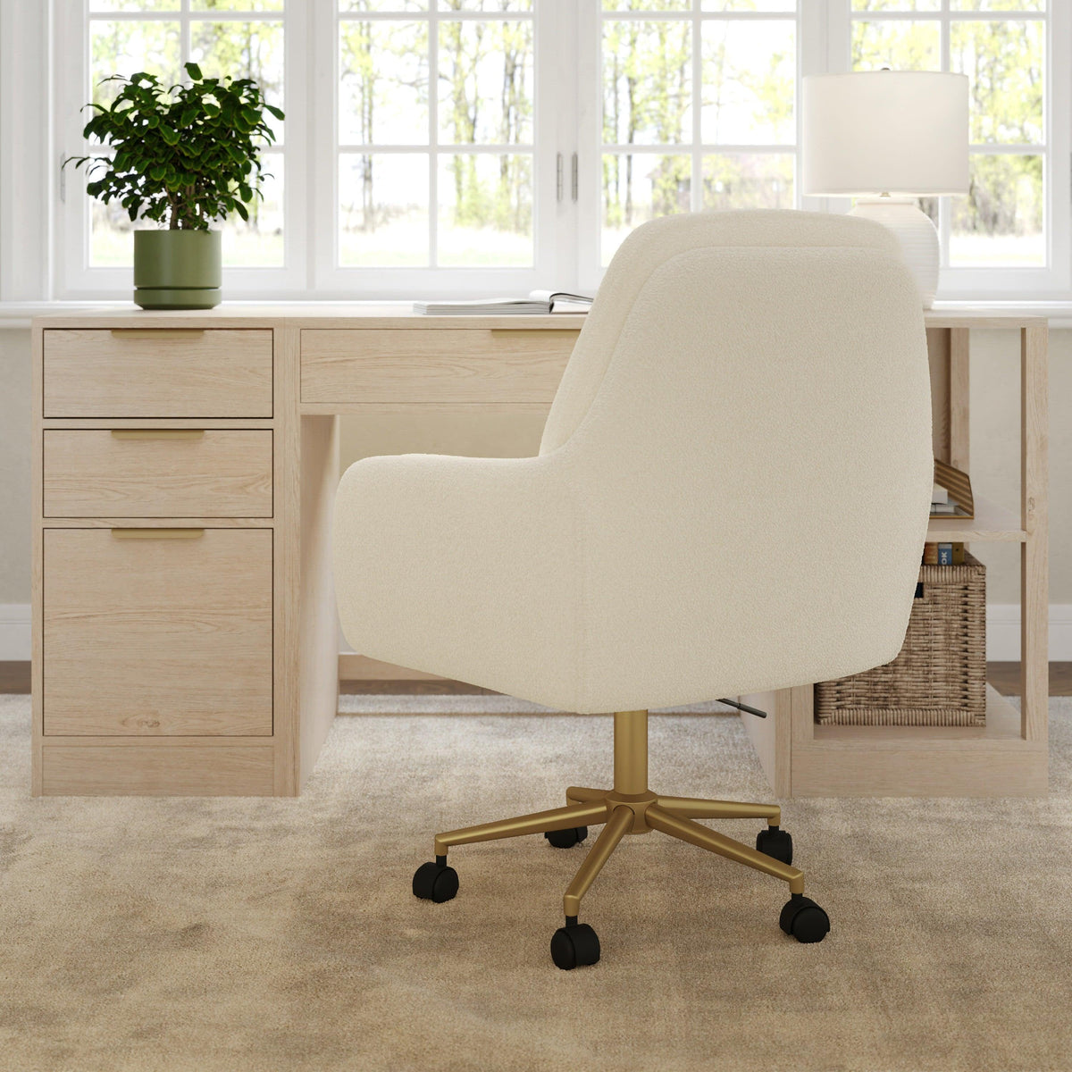Off White Boucle/Polished Brass Frame |#| Boucle Swivel Home Office Chair with Double Cushions - Off White/Polished Brass