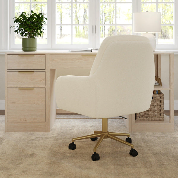 Off White Boucle/Polished Brass Frame |#| Boucle Swivel Home Office Chair with Double Cushions - Off White/Polished Brass