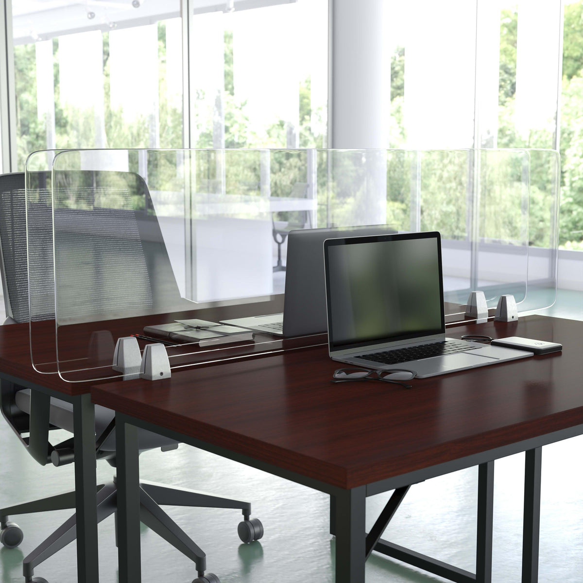 55"L x 18"H |#| Clear Acrylic Desk Partition, 18"H x 55"L (Installation Hardware Included)