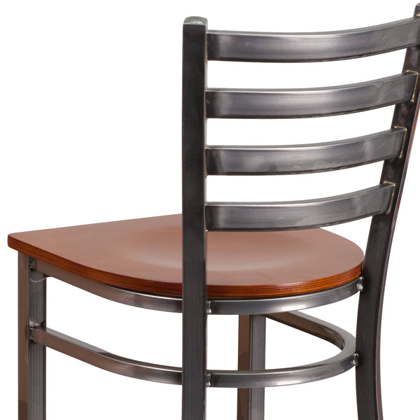 Cherry Wood Seat/Clear Coated Metal Frame |#| Clear Coated Ladder Back Metal Restaurant Barstool - Cherry Wood Seat