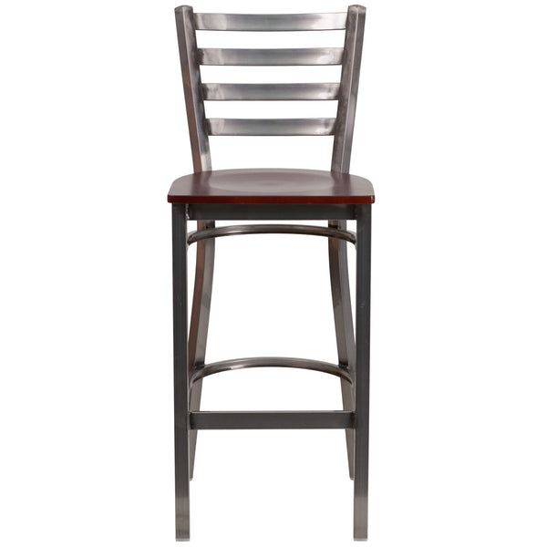 Mahogany Wood Seat/Clear Coated Metal Frame |#| Clear Coated Ladder Back Metal Restaurant Barstool - Mahogany Wood Seat
