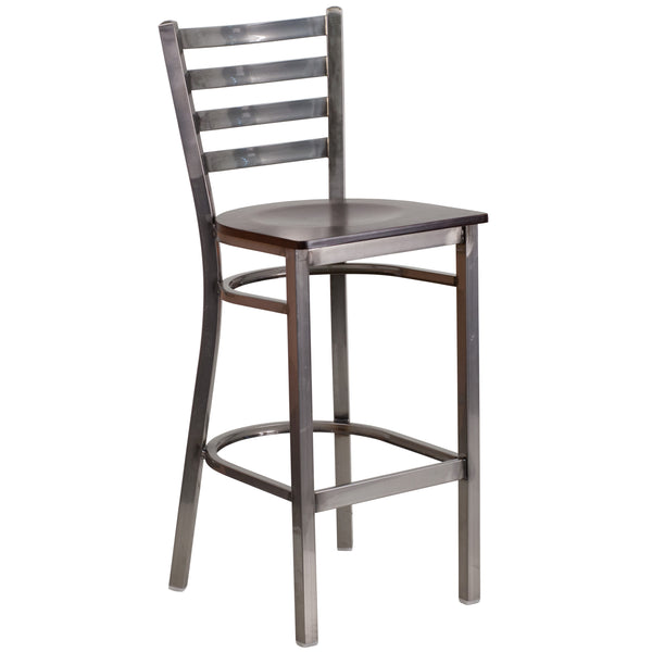 Walnut Wood Seat/Clear Coated Metal Frame |#| Silver Antique Clear Coat Ladder Back Metal Restaurant Barstool-Walnut Wood Seat