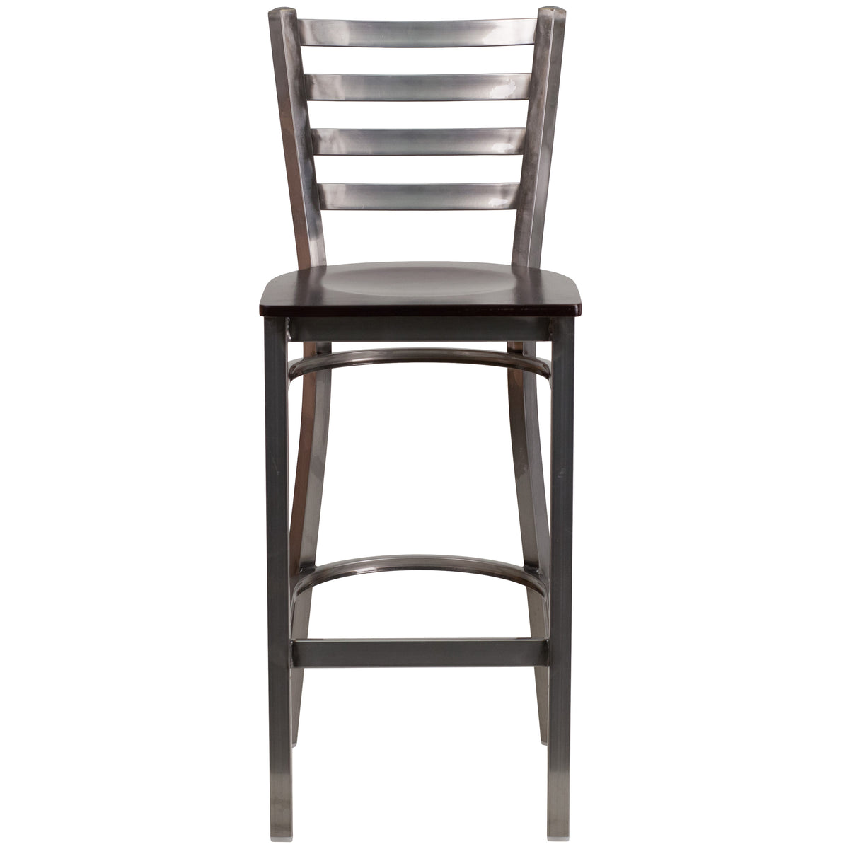 Walnut Wood Seat/Clear Coated Metal Frame |#| Silver Antique Clear Coat Ladder Back Metal Restaurant Barstool-Walnut Wood Seat