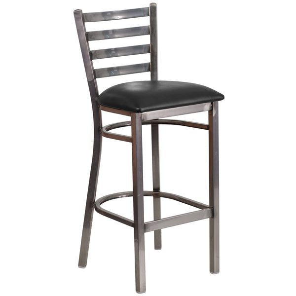 Black Vinyl Seat/Clear Coated Metal Frame |#| Silver Antique Clear Coat Ladder Back Metal Restaurant Barstool-Black Vinyl Seat