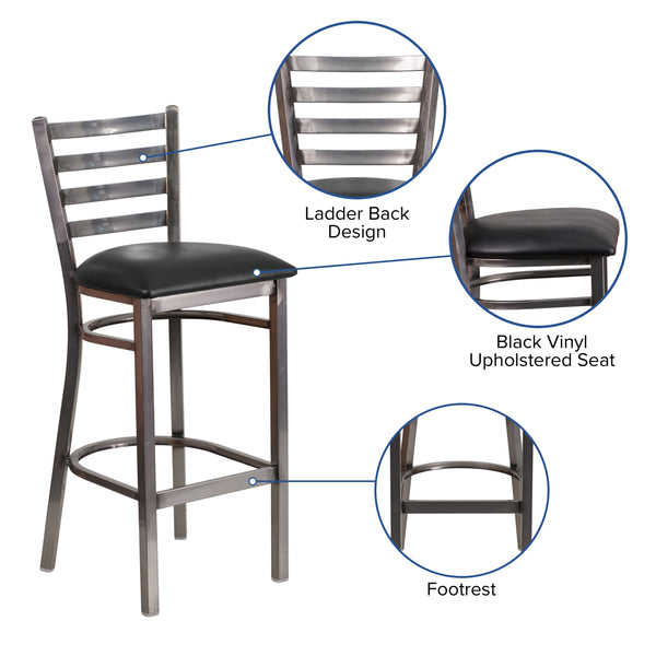 Black Vinyl Seat/Clear Coated Metal Frame |#| Silver Antique Clear Coat Ladder Back Metal Restaurant Barstool-Black Vinyl Seat
