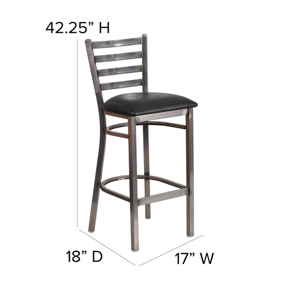 Black Vinyl Seat/Clear Coated Metal Frame |#| Silver Antique Clear Coat Ladder Back Metal Restaurant Barstool-Black Vinyl Seat