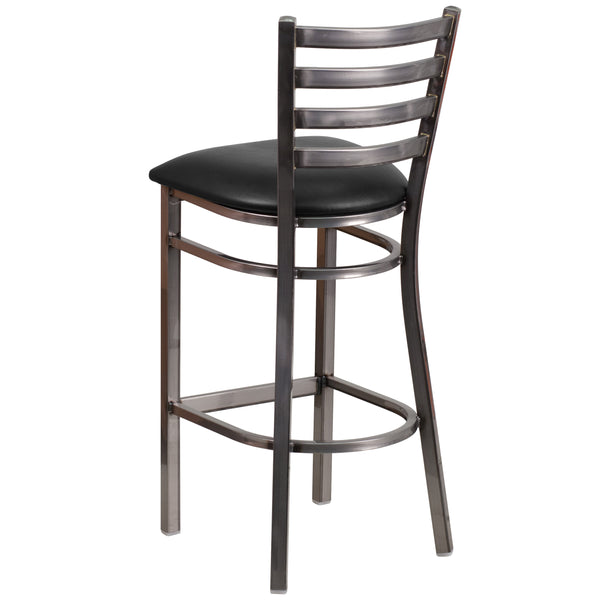 Black Vinyl Seat/Clear Coated Metal Frame |#| Silver Antique Clear Coat Ladder Back Metal Restaurant Barstool-Black Vinyl Seat