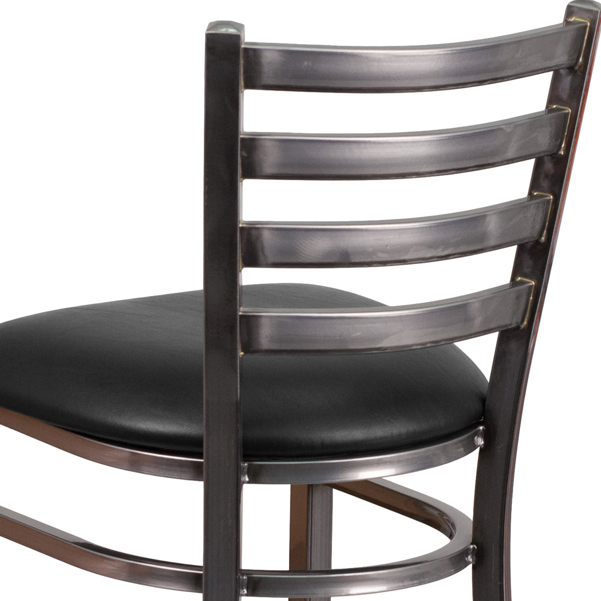 Black Vinyl Seat/Clear Coated Metal Frame |#| Silver Antique Clear Coat Ladder Back Metal Restaurant Barstool-Black Vinyl Seat