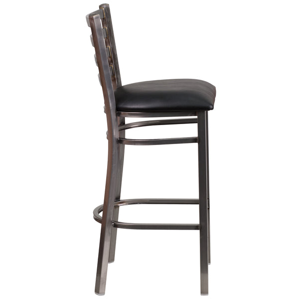 Black Vinyl Seat/Clear Coated Metal Frame |#| Silver Antique Clear Coat Ladder Back Metal Restaurant Barstool-Black Vinyl Seat
