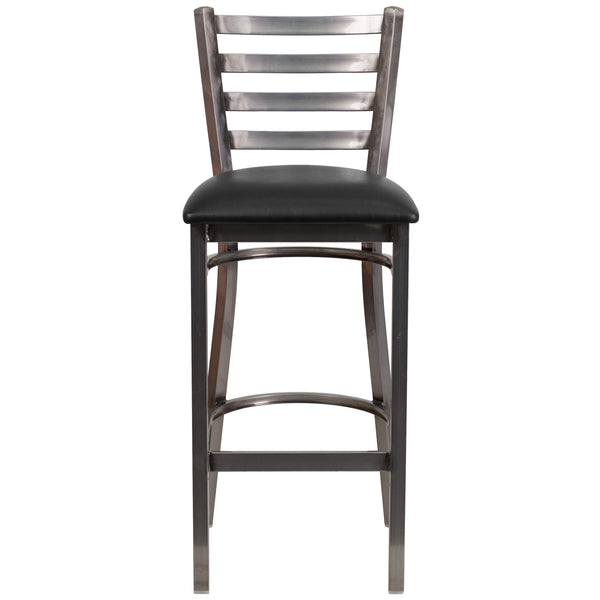 Black Vinyl Seat/Clear Coated Metal Frame |#| Silver Antique Clear Coat Ladder Back Metal Restaurant Barstool-Black Vinyl Seat
