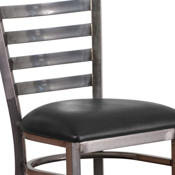 Black Vinyl Seat/Clear Coated Metal Frame |#| Silver Antique Clear Coat Ladder Back Metal Restaurant Barstool-Black Vinyl Seat