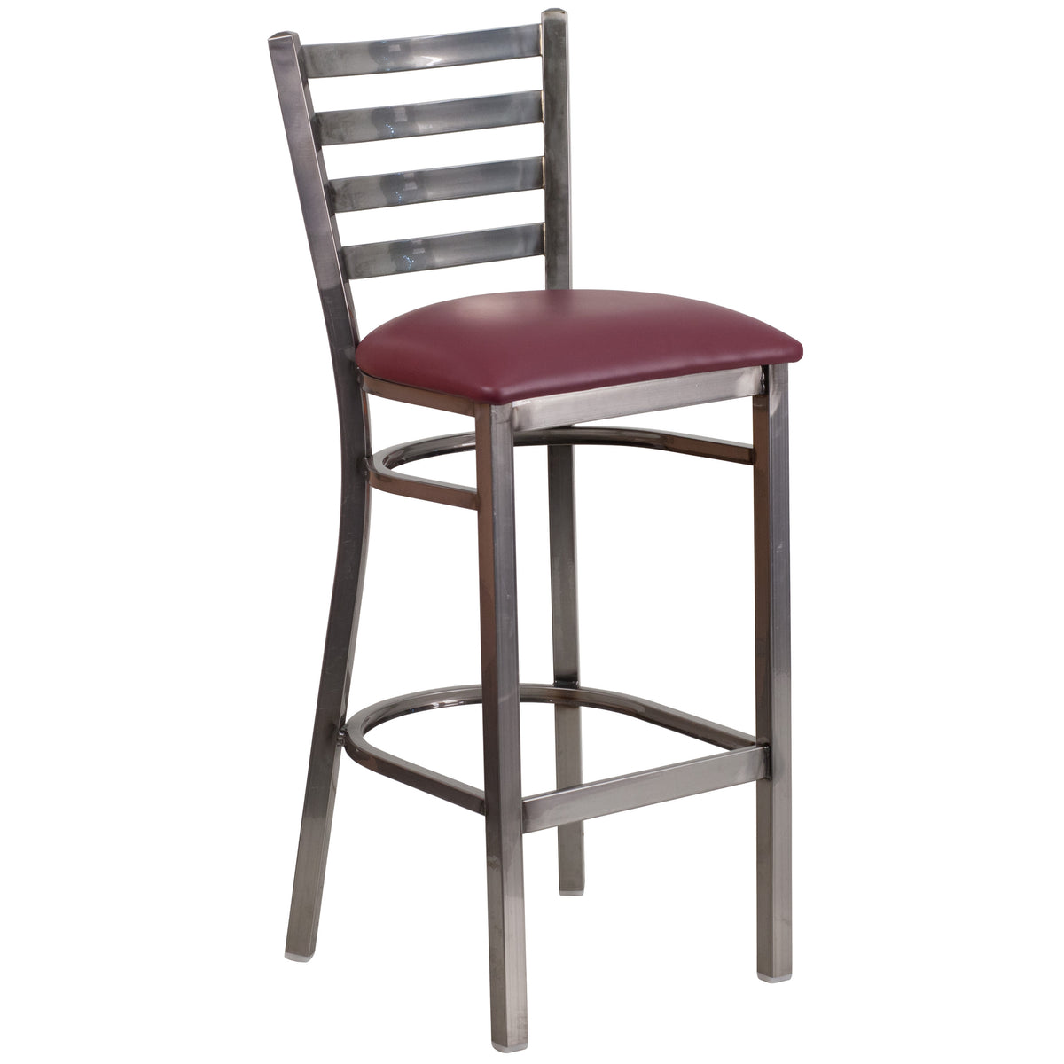 Burgundy Vinyl Seat/Clear Coated Metal Frame |#| Silver Antique Clear Coat Ladder Back Metal Restaurant Barstool-BURG Vinyl Seat