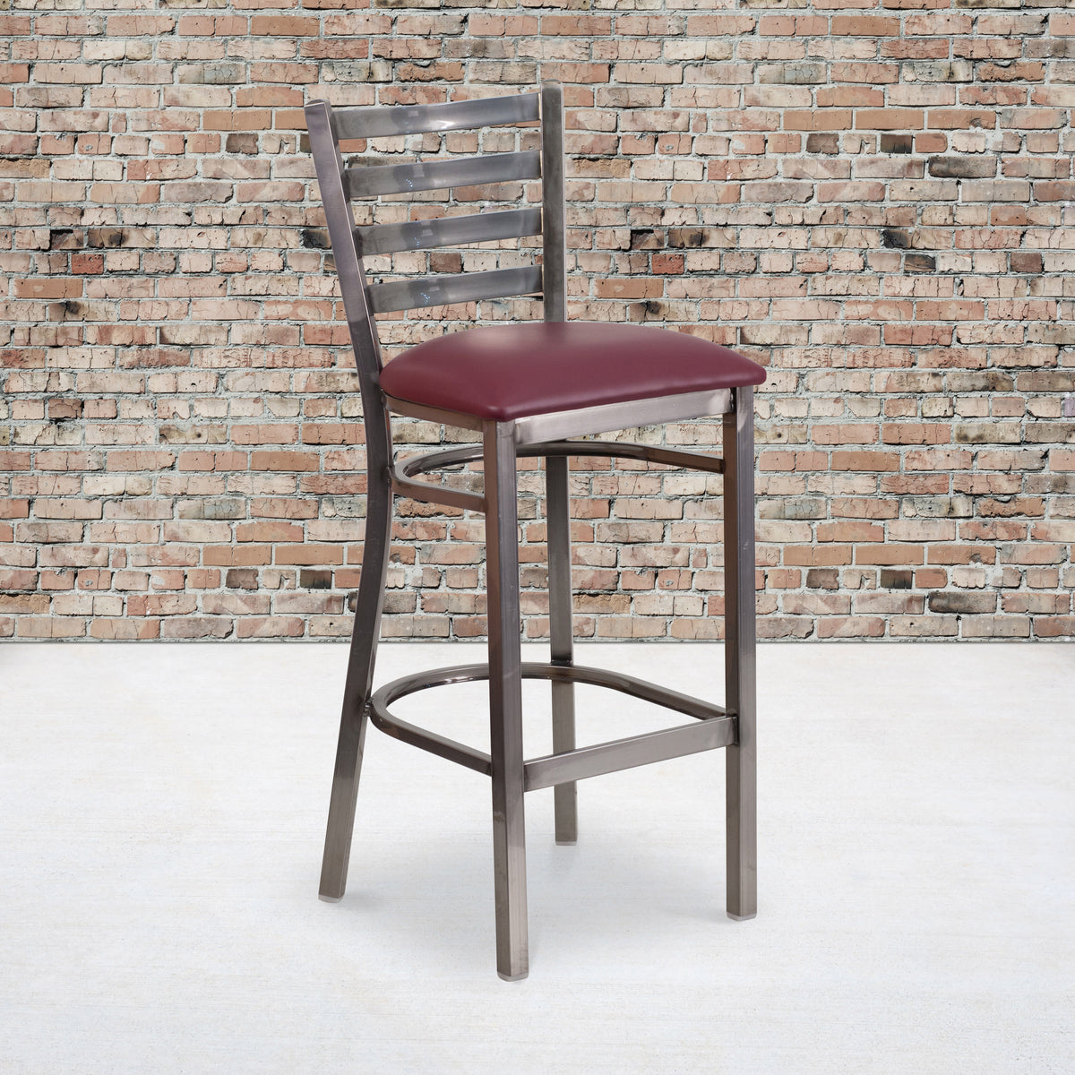 Burgundy Vinyl Seat/Clear Coated Metal Frame |#| Silver Antique Clear Coat Ladder Back Metal Restaurant Barstool-BURG Vinyl Seat