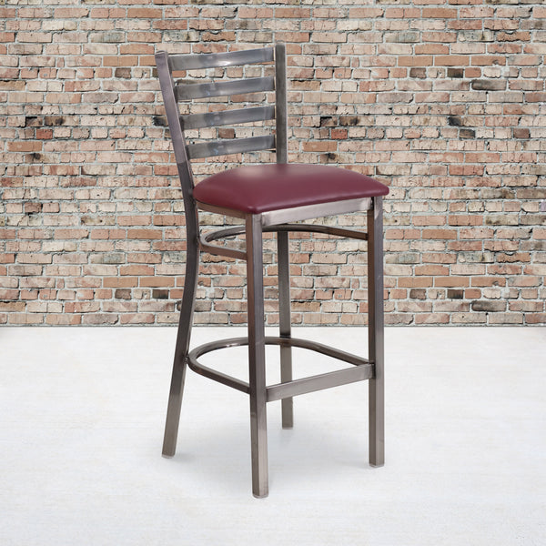 Burgundy Vinyl Seat/Clear Coated Metal Frame |#| Silver Antique Clear Coat Ladder Back Metal Restaurant Barstool-BURG Vinyl Seat