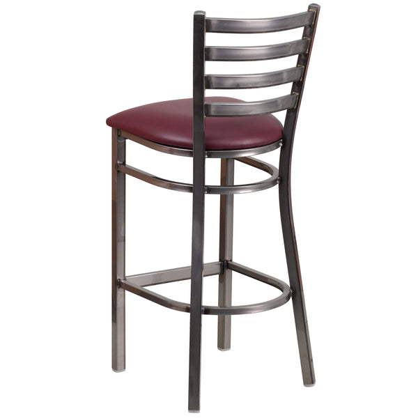 Burgundy Vinyl Seat/Clear Coated Metal Frame |#| Silver Antique Clear Coat Ladder Back Metal Restaurant Barstool-BURG Vinyl Seat