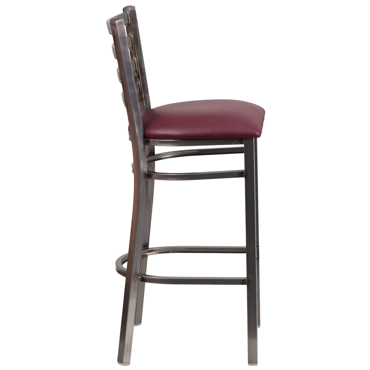 Burgundy Vinyl Seat/Clear Coated Metal Frame |#| Silver Antique Clear Coat Ladder Back Metal Restaurant Barstool-BURG Vinyl Seat